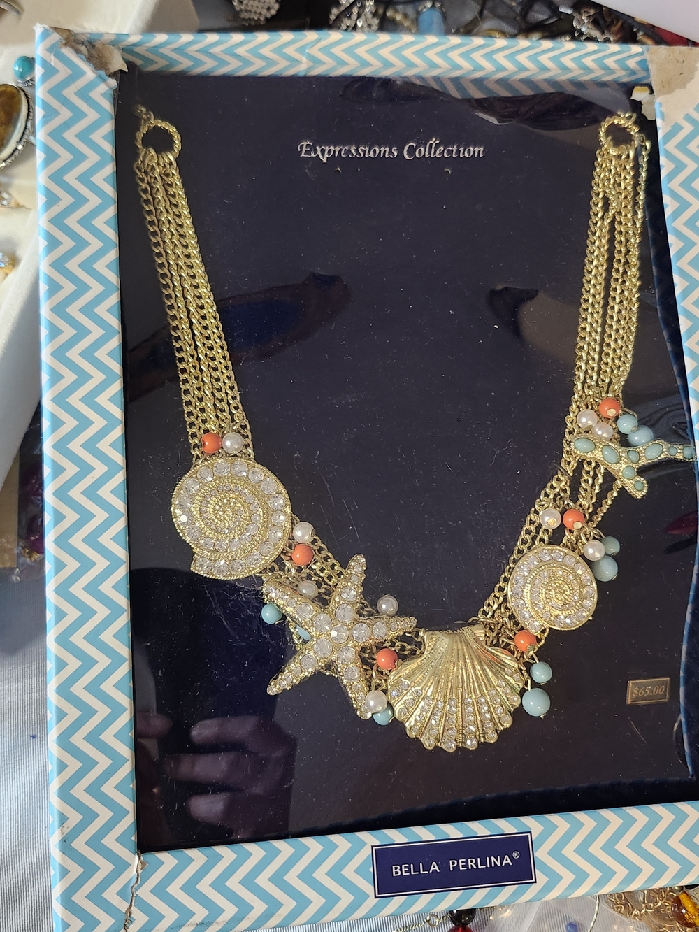 bella Perlina Gold Seashell & Starfish Necklace with Coral and Mint Beads